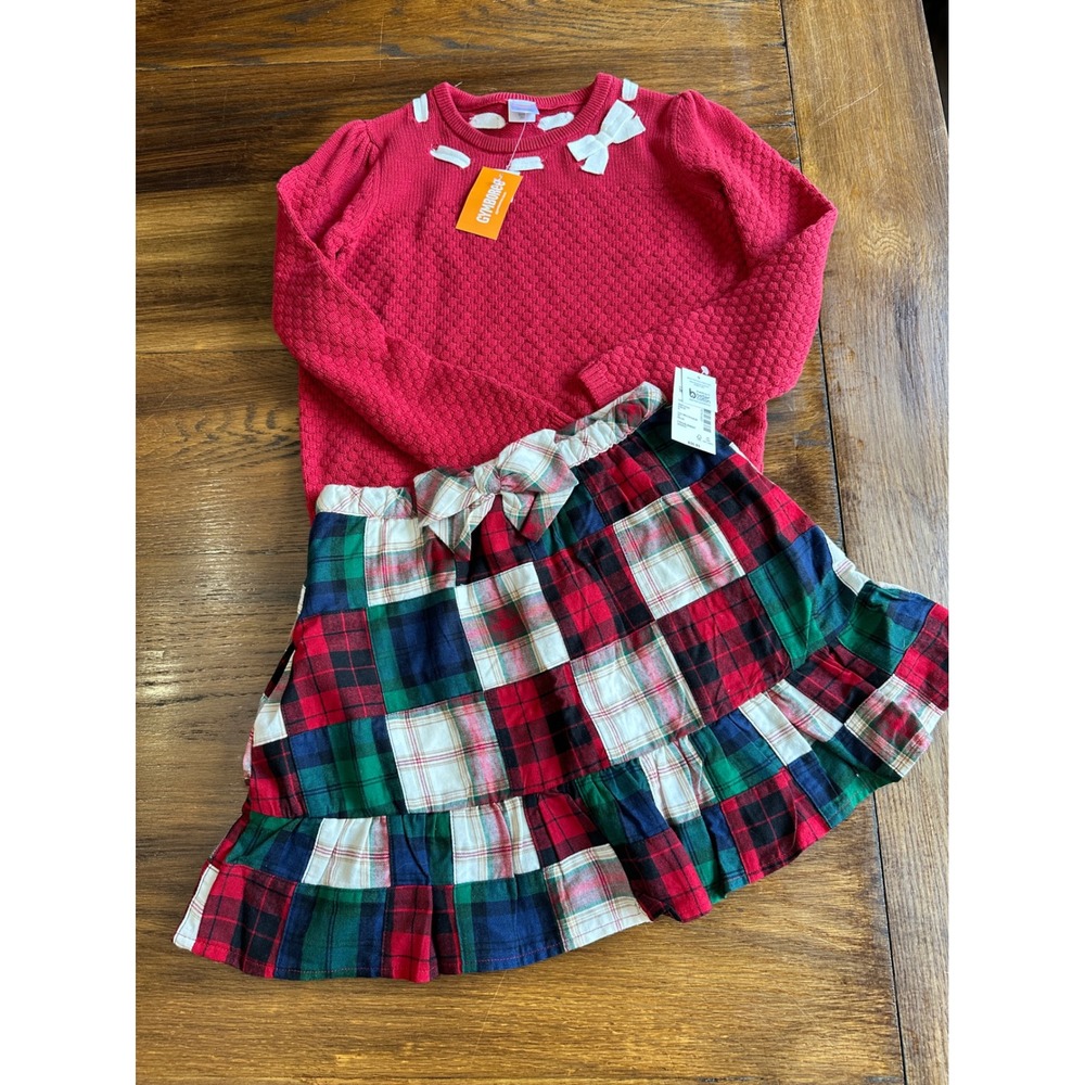 Gymboree Girls Red Popcorn Knit Sweater and Plaid Patchwork Skirt Set Size 10
